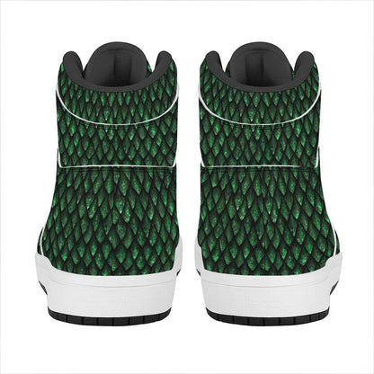 Green Dragon Scales Pattern Print High Top Leather Sneakers