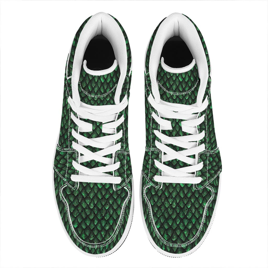 Green Dragon Scales Pattern Print High Top Leather Sneakers