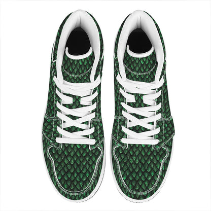 Green Dragon Scales Pattern Print High Top Leather Sneakers