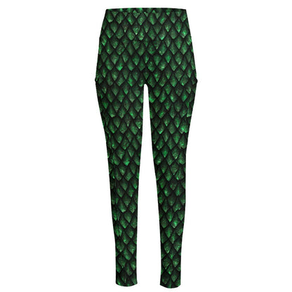 Green Dragon Scales Pattern Print High-Waisted Pocket Leggings