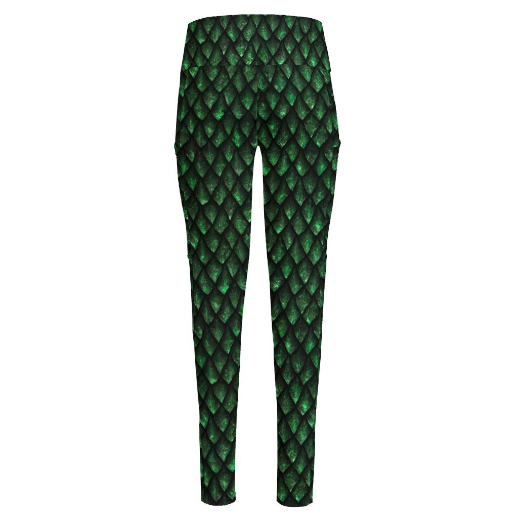Green Dragon Scales Pattern Print High-Waisted Pocket Leggings