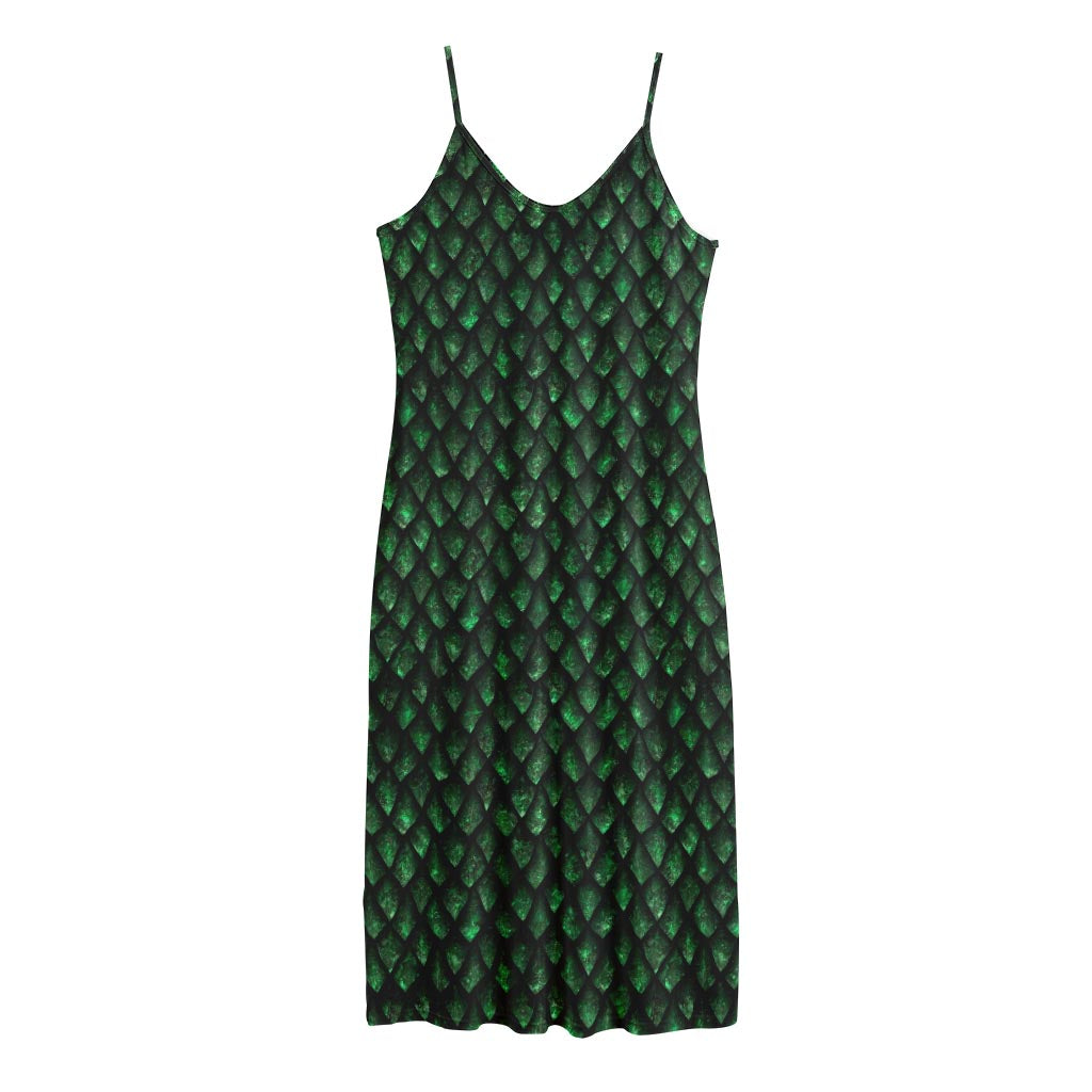 Green Dragon Scales Pattern Print Jersey Midi Cami Dress