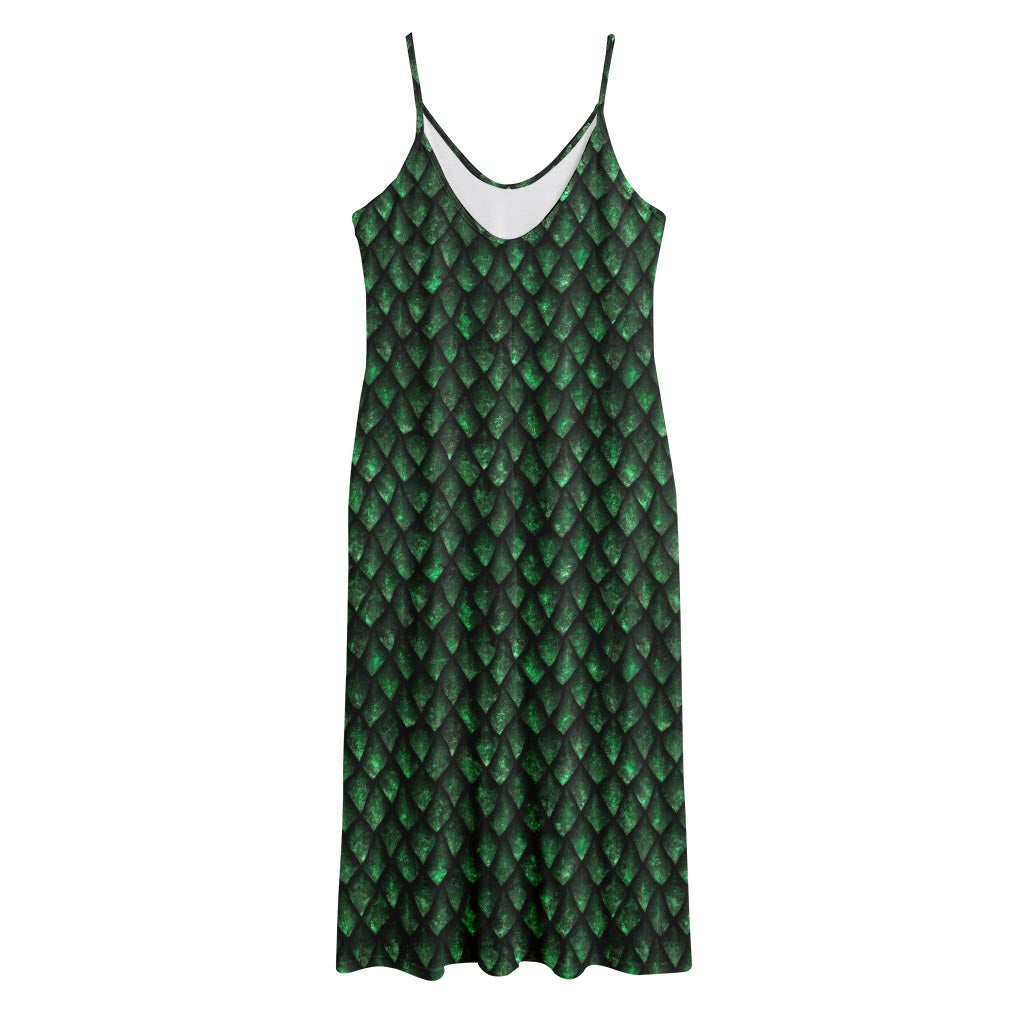 Green Dragon Scales Pattern Print Jersey Midi Cami Dress