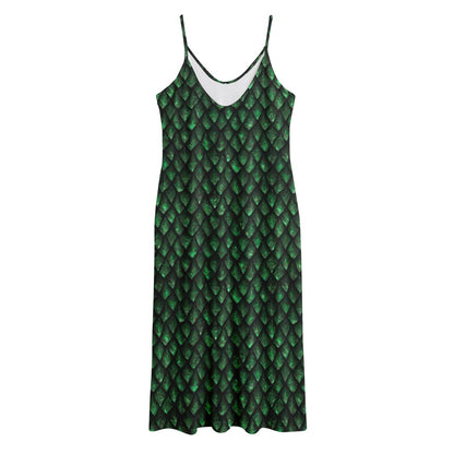 Green Dragon Scales Pattern Print Jersey Midi Cami Dress