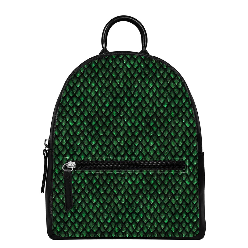 Green Dragon Scales Pattern Print Leather Backpack