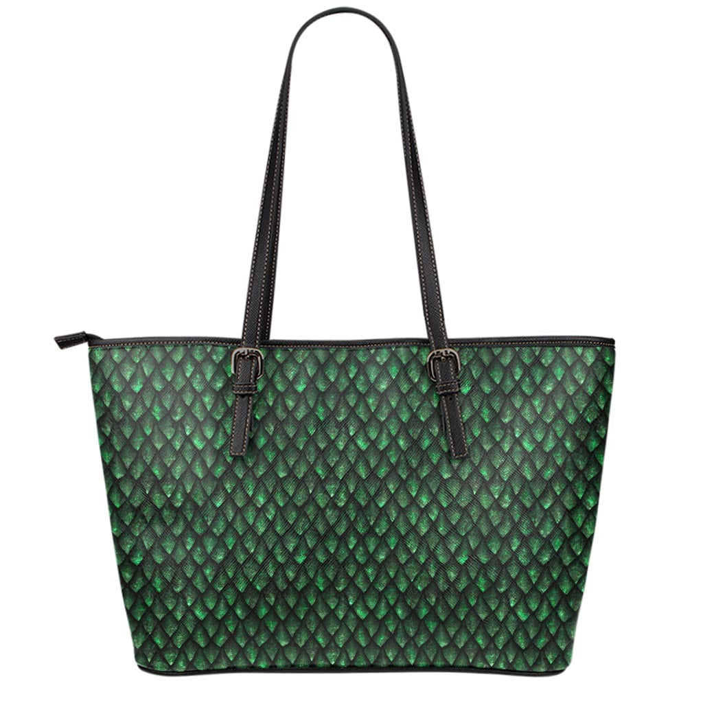 Green Dragon Scales Pattern Print Leather Tote Bag