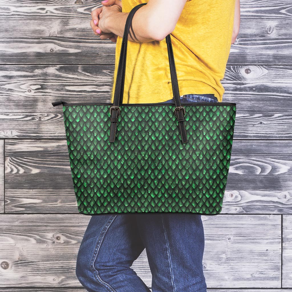 Green Dragon Scales Pattern Print Leather Tote Bag