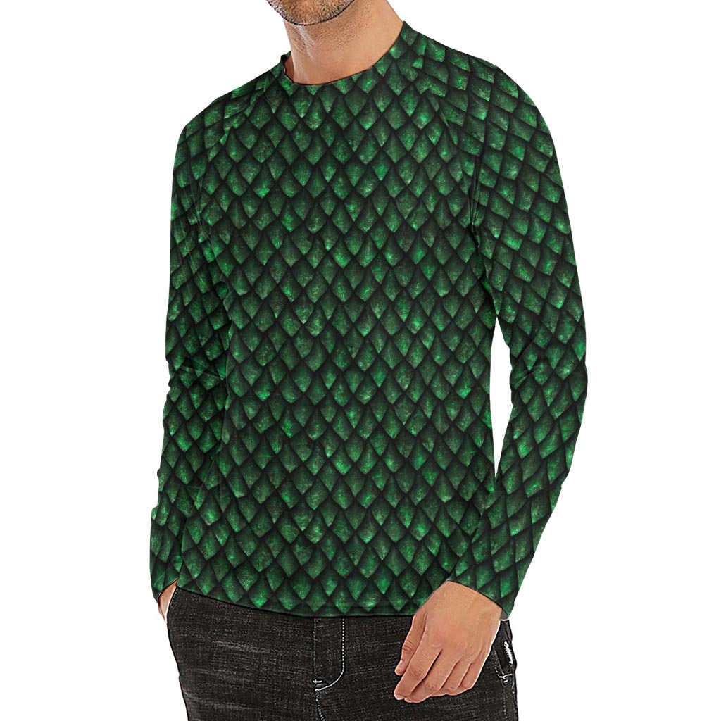 Green Dragon Scales Pattern Print Men's Long Sleeve Rash Guard