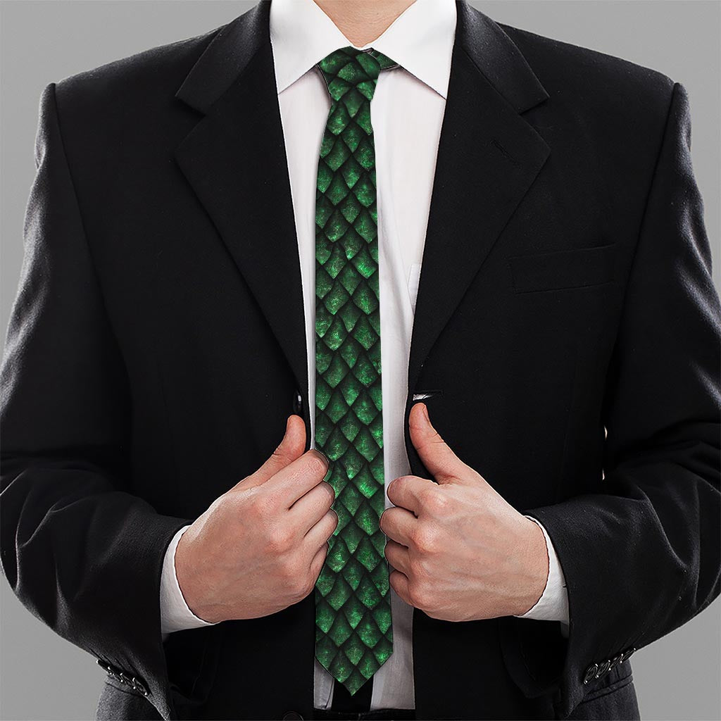 Green Dragon Scales Pattern Print Necktie