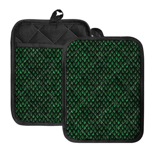 Green Dragon Scales Pattern Print Pot Holders With Pocket