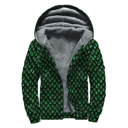 Green Dragon Scales Pattern Print Sherpa Lined Zip Up Hoodie