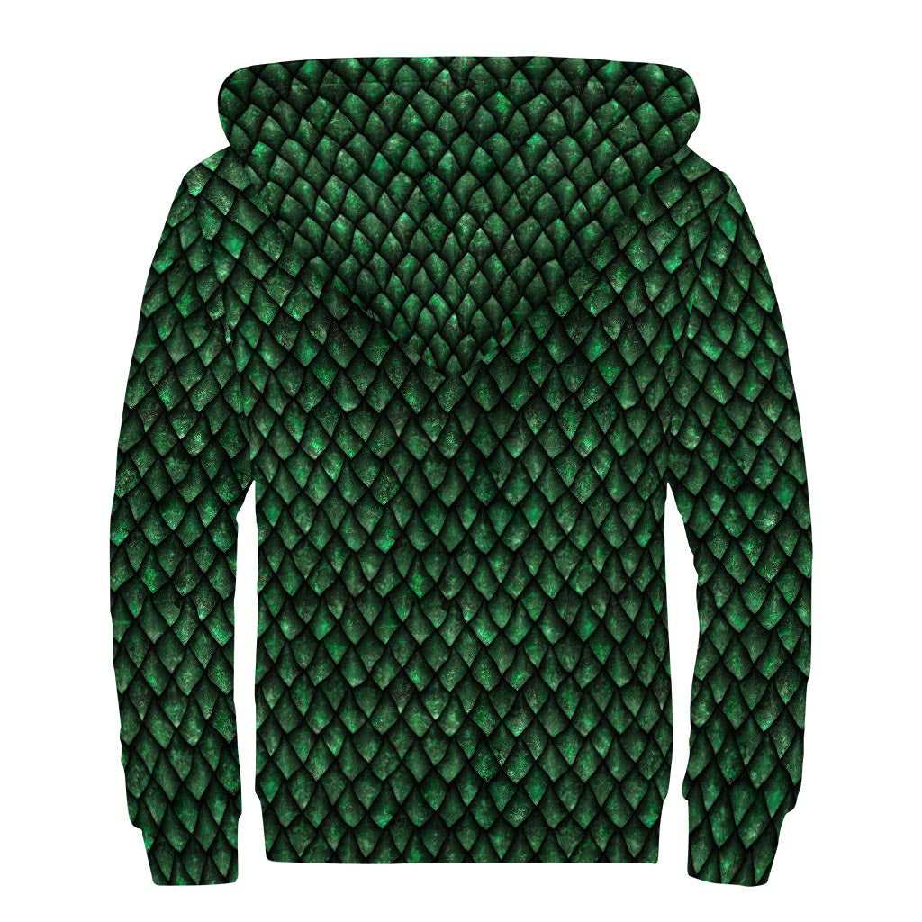 Green Dragon Scales Pattern Print Sherpa Lined Zip Up Hoodie