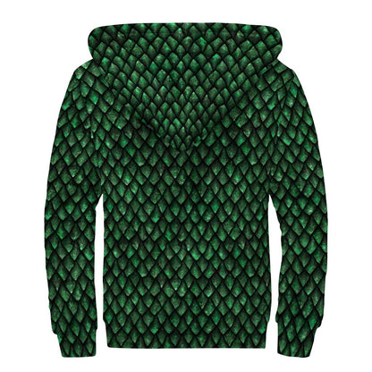 Green Dragon Scales Pattern Print Sherpa Lined Zip Up Hoodie