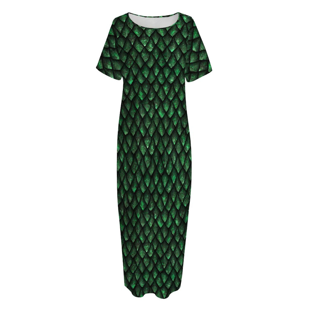 Green Dragon Scales Pattern Print Short Sleeve Long Nightdress
