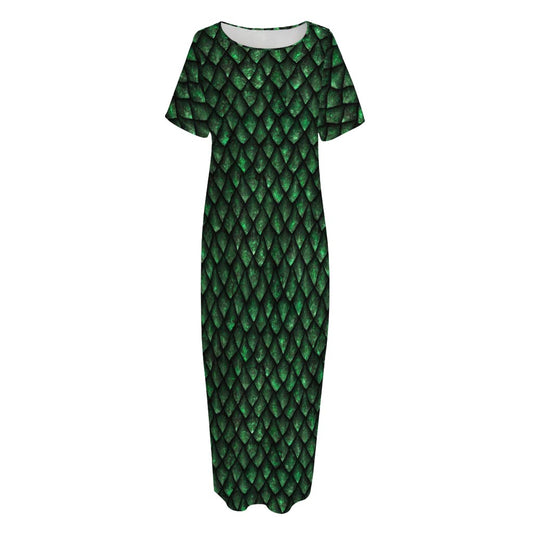 Green Dragon Scales Pattern Print Short Sleeve Long Nightdress