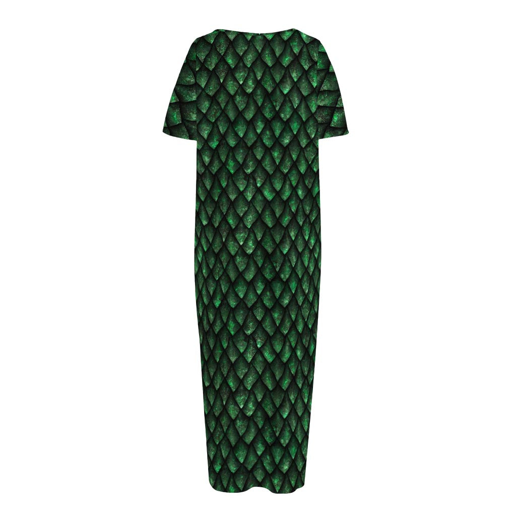 Green Dragon Scales Pattern Print Short Sleeve Long Nightdress