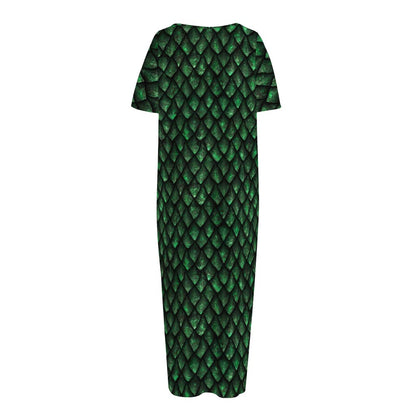 Green Dragon Scales Pattern Print Short Sleeve Long Nightdress