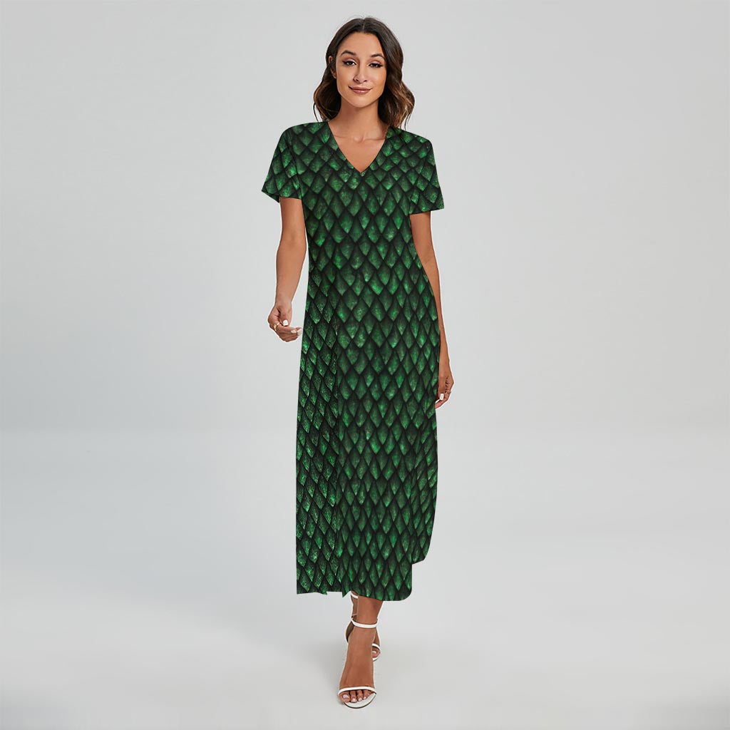 Green Dragon Scales Pattern Print Short Sleeve Maxi Dress