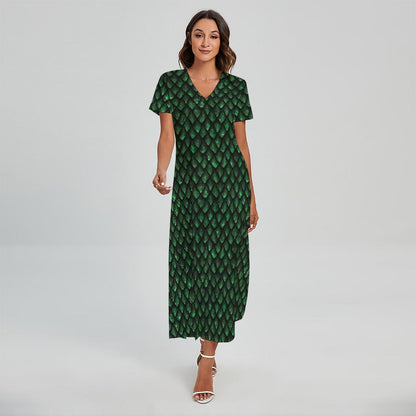 Green Dragon Scales Pattern Print Short Sleeve Maxi Dress