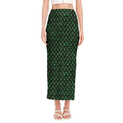 Green Dragon Scales Pattern Print Side Slit Maxi Skirt