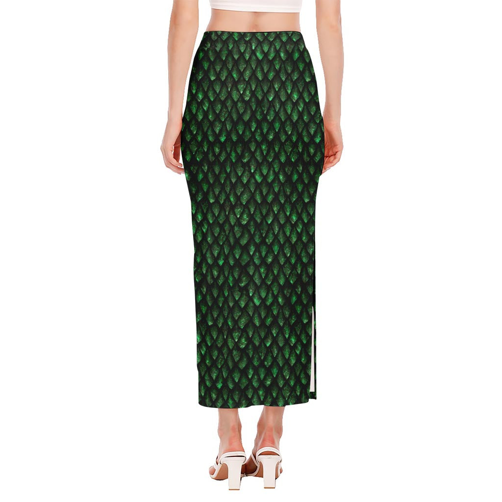 Green Dragon Scales Pattern Print Side Slit Maxi Skirt