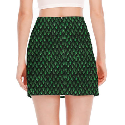 Green Dragon Scales Pattern Print Side Slit Mini Skirt