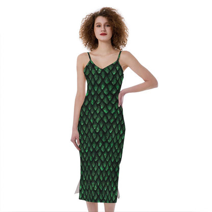 Green Dragon Scales Pattern Print Slim Fit Midi Cami Dress