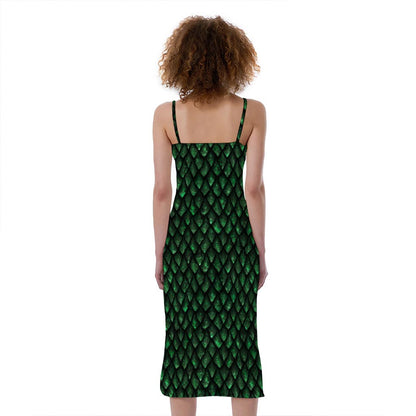 Green Dragon Scales Pattern Print Slim Fit Midi Cami Dress