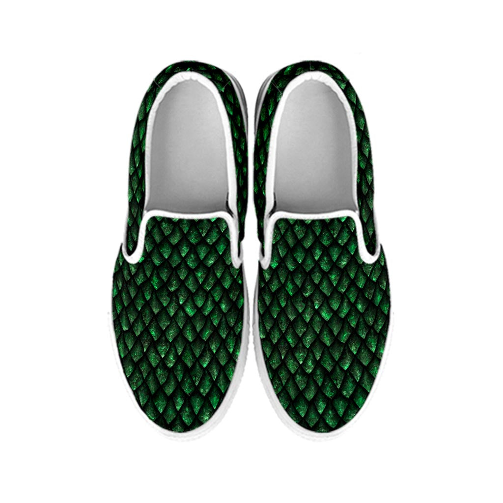 Green Dragon Scales Pattern Print White Slip On Sneakers