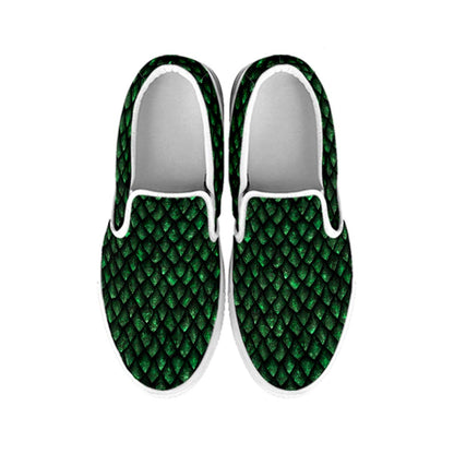 Green Dragon Scales Pattern Print White Slip On Sneakers