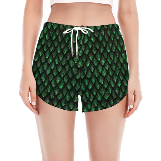 Green Dragon Scales Pattern Print Women's Split Running Shorts