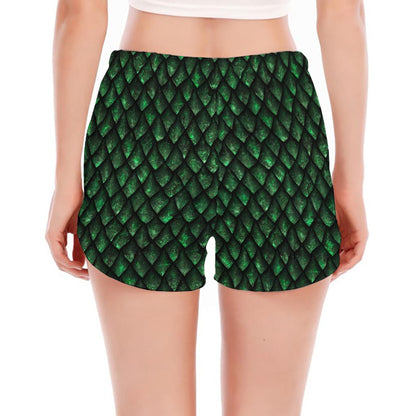 Green Dragon Scales Pattern Print Women's Split Running Shorts