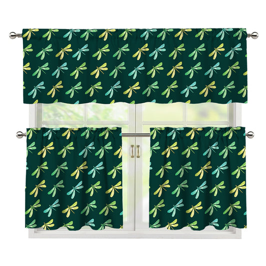 Green Dragonfly Pattern Print 3 Piece Kitchen Curtains