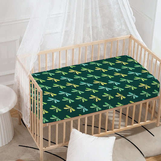 Green Dragonfly Pattern Print Baby Crib Sheet