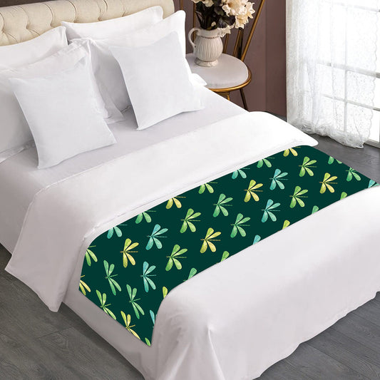 Green Dragonfly Pattern Print Bed Runner