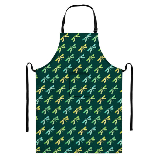 Green Dragonfly Pattern Print Bib Apron With Pocket