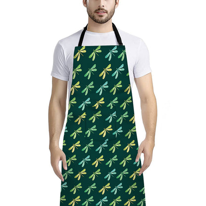 Green Dragonfly Pattern Print Bib Apron With Pocket