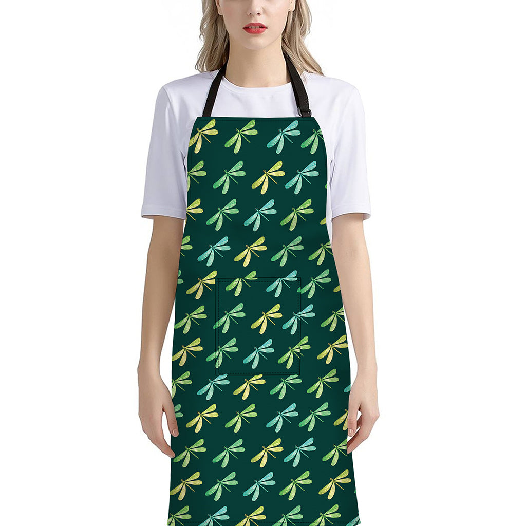 Green Dragonfly Pattern Print Bib Apron With Pocket