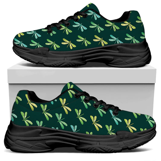 Green Dragonfly Pattern Print Black Chunky Shoes