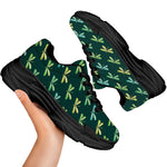 Green Dragonfly Pattern Print Black Chunky Shoes