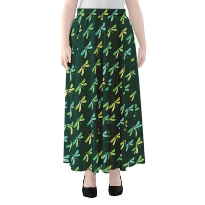 Green Dragonfly Pattern Print Chiffon Maxi Skirt