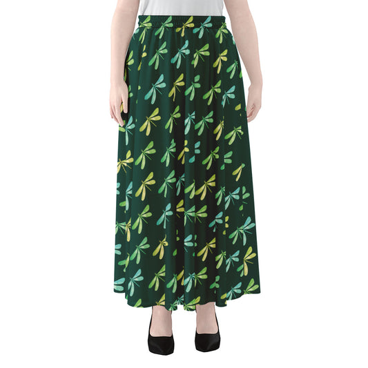 Green Dragonfly Pattern Print Chiffon Maxi Skirt
