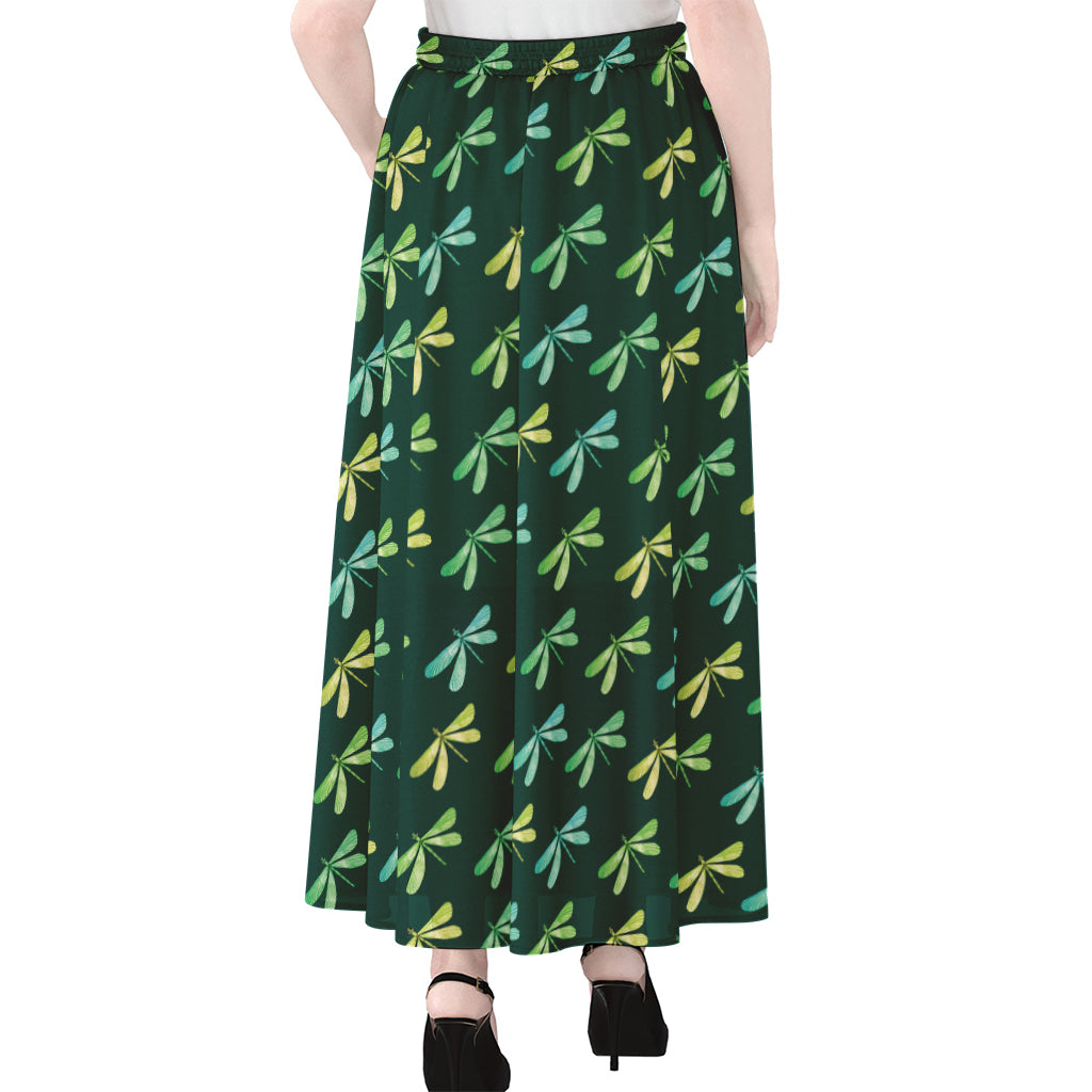 Green Dragonfly Pattern Print Chiffon Maxi Skirt