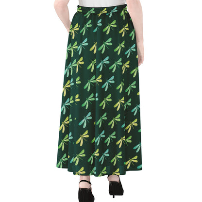 Green Dragonfly Pattern Print Chiffon Maxi Skirt