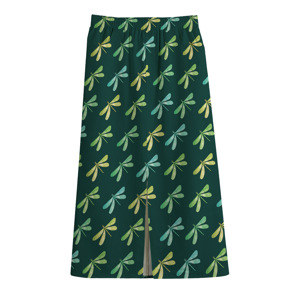 Green Dragonfly Pattern Print Cotton Front Slit Maxi Skirt