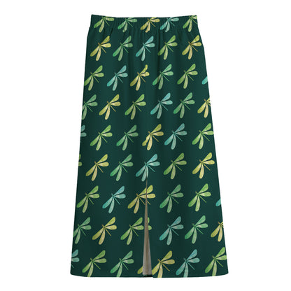 Green Dragonfly Pattern Print Cotton Front Slit Maxi Skirt