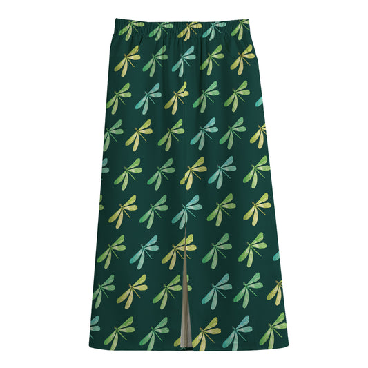 Green Dragonfly Pattern Print Cotton Front Slit Maxi Skirt