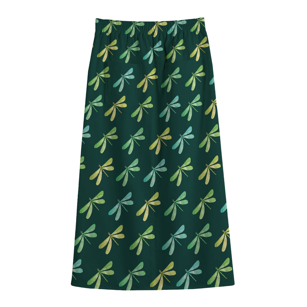 Green Dragonfly Pattern Print Cotton Front Slit Maxi Skirt