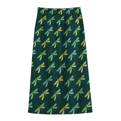 Green Dragonfly Pattern Print Cotton Front Slit Maxi Skirt