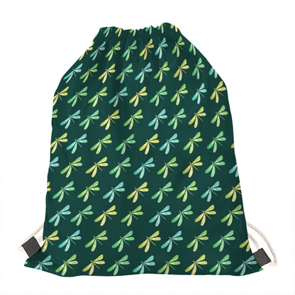 Green Dragonfly Pattern Print Drawstring Bag